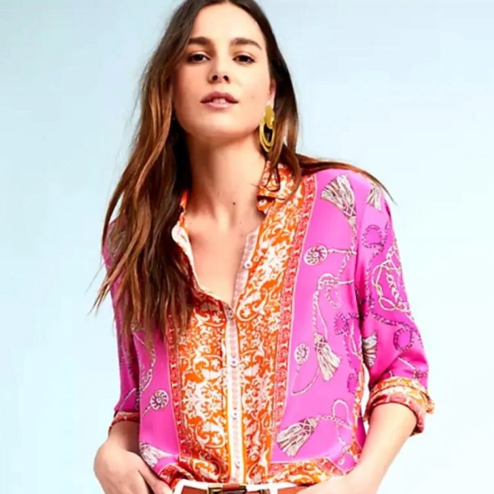 Anthropologie Maeve Potala Runa 100% Silk Multi Print Buttondown Size 4